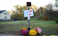 A sign reading "Lewiston Strong" is seen in Lewiston, Maine, after a mass shooting at a bowling alley and bar left 18 people dead