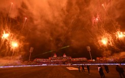 Blight night: Fireworks are seen at the end of the World Cup match between Australia and New Zealand at Dharamsala on October 28