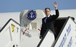 US Secretary of State Antony Blinken disembarks from an aircraft at Ben Gurion airport near Tel Aviv