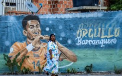 A mural with footballer Luis Diaz is seen in his hometown of Barrancas, Colombia 