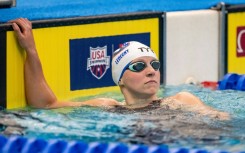 Seven-time Olympic champion Katie Ledecky reacts after winning the women's 800-meter freestyle final at the US Open 