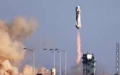 Blue Origin’s New Shepard lifts off from the launch pad carrying 90-year-old Star Trek actor William Shatner and three other civilians on October 13, 2021 near Van Horn, Texas