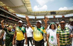 South African President  Cyril Ramaphosa (C)  rallies ruling ANC party supporters in Mbombela