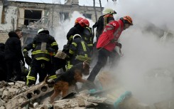 Members of a search and recovery team work with a search dog at the site of a missile attack in Kharkiv