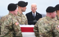 US President Joe Biden attends the dignified transfer of the remains of three US service members killed in the drone attack on the US military outpost in Jordan, at Dover Air Force Base in Dover, Delaware, on February 2, 2024
