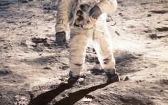 US Astronaut Edwin "Buzz" Aldrin is shown walking near the Lunar Module on July 20, 1969, during the Apollo 11 space mission 