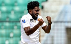 Sri Lanka’s Asitha Fernando celebrates after the dismissal of the Bangladesh’s Shakib Al Hasan  