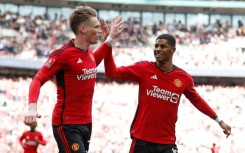 Scott McTominay (left) celebrates his goal for Manchester United against Coventry in the FA Cup semi-final at Wembley