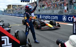 Red Bull's Max Verstappen waves to fans after winning the sprint race at the Miami Grand Prix on Saturday

