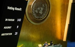 The results of a vote on a resolution for the UN Security Council to reconsider and support the full membership of Palestine into the United Nations is displayed during a special session of the UN General Assembly