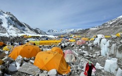 Tents of mountaineers are pictured at the Everest base camp in the Mount Everest region of Solukhumbu district in May 2021