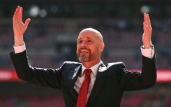 Manchester United manager Erik ten Hag celebrates after winning the FA Cup final at Wembley