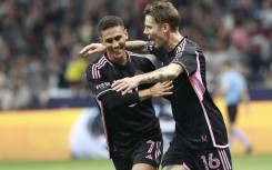 Robert Taylor celebrates with Inter Miami teammate Matias Rojas after opening the scoring in Saturday's 2-1 win at the Vancouver Whitecaps.