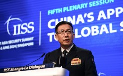 Chinese Defence Minister Dong Jun speaks Sunday at the 21st Shangri-La Dialogue summit in Singapore