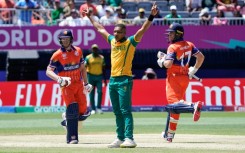 South Africa's Ottneil Baartman celebrates after dismissing the Netherlands' Sybrand Engelbrecht in their T20 World Cup clash on Saturday