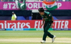 Pakistan's Naseem Shah celebrates taking his third wicket against India at the T20 World Cup on Sunday