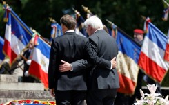 French President Emmanuel Macron and German President Frank-Walter Steinmeier at a ceremony marking a WWII massacre in southwest France