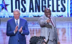 Jerry West (L) and Magic Johnson (R) at the NBA All-Star Game 2018 at Staples Center in Los Angeles