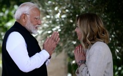 Indian Prime Minister Narendra Modi is welcomed by Italy's Prime Minister Giorgia Meloni on June 14