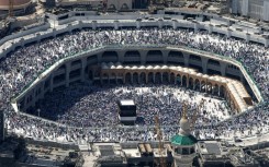 An aerial view of Mecca's Grand Mosque with the Kaaba during the annual hajj pilgrimage