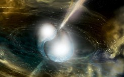 An artist's illustration of two neutron stars merging, creating a gamma-ray burst