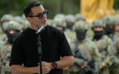 Ecuador's President Daniel Noboa speaks during the launch of construction of a maximum security prison for 800 prisoners in the coastal town of Santa Elena