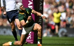 Fine debut: South Africa wing Edwill van der Merwe celebrates scoring a try during a 41-13 win over Wales at Twickenham