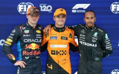 (From L) Red Bull's Max Verstappen, McLaren’s Lando Norris and Mercedes' Lewis Hamilton on the podium at the Spanish Grand Prix