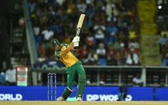 South Africa's Marco Jansen hits the winning six off the first ball of the final over in Antigua