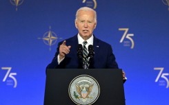 US President Joe Biden speaks during the NATO 75th Anniversary Celebratory Event at the Mellon Auditorium in Washington, DC, on July 9, 2024.