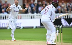 Not quite: England's James Anderson reacts after bowling to West Indies captain Kraigg Brathwaite in the first Test at Lord's