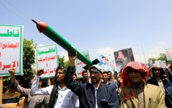 Yemeni students chant anti-Israeli and anti-US slogans at a protest against the Gaza war in the rebel-held capital Sanaa on Wednesday