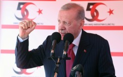 Turkish President Recep Tayyip Erdogan speaks during a ceremony in breakaway Turkish Cypriot statelet in the island's north