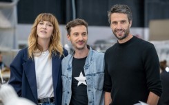 Opening ceremony diretcor Thomas Jolly (C), stands with chief organiser Tony Estanguet (R) and costume director Daphne Burki (L) 