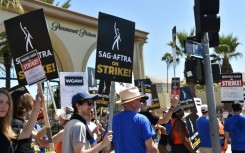 Members of the SAG-AFTRA actors' union demonstrate outside Paramount Studios in Los Angeles on July 14, 2023