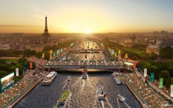 A computer-generated image of the opening ceremony of the 2024 Paris Olympics on the river Seine