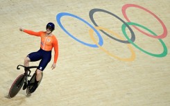 Netherlands' Harrie Lavreysen celebrates after breaking the men's sprint world record