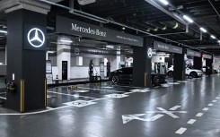 A Mercedes electric car charging station at a parking lot in Seoul. Mercedes-Benz Korea has released the names of its electric vehicle battery suppliers, bowing to public outrage after one of its cars burst into flame in a parking lot earlier this month.