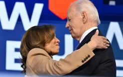 US President Joe Biden hugged US Vice President and 2024 Democratic presidential candidate Kamala Harris after his speech