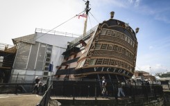 Resoration work has left the central part of HMS victory encased in scaffolding