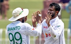 Bangladesh's Shakib Al Hasan (right) and captain Najmul Hossain Shanto during the historic first Test win against Pakistan