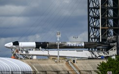 A SpaceX Falcon 9 rocket with the Crew Dragon Resilience capsule sits on Launch Complex 39A at Kennedy Space Center