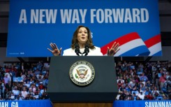 Democratic presidential candidate Kamala Harris speaks at a campaign rally in Savannah, Georgia on August 29, 2024