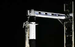 A SpaceX Falcon 9 rocket with the Crew Dragon Resilience capsule sits on Launch Complex 39A at Kennedy Space Center ahead of the Polaris Dawn Mission in Cape Canaveral, Florida, on August 28, 2024