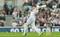 On the attack: England captain Ollie Pope hits a six off Lahiru Kumara in the third Test at the Oval