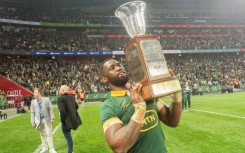 South Africa captain Siya Kolisi holds aloft the Freedom Cup after the Springboks beat New Zealand for the second time in eight days in the Rugby Championship 