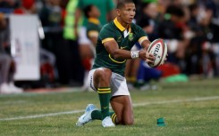 South Africa fly-half Manie Libbok prepares to kick at goal. 