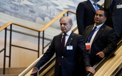 Pakistani Prime Minister Shehbaz Sharif leaves UN headquarters during the United Nations General Assembly on September 24, 2024 in New York