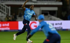 England fast bowler Jofra Archer celebrates his dismisssal of Glenn Maxwell in the fourth ODI against Australia at Lord's