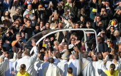 The Argentine pontiff, 87, arrived at the stadium in Brussels in bright morning sunshine